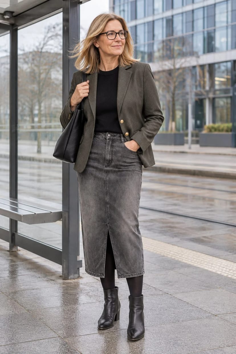 Frau trägt Grauer Denim mit Nadelstreifen-Blazer – Frischer Morgen auf dem Weg ins Büro