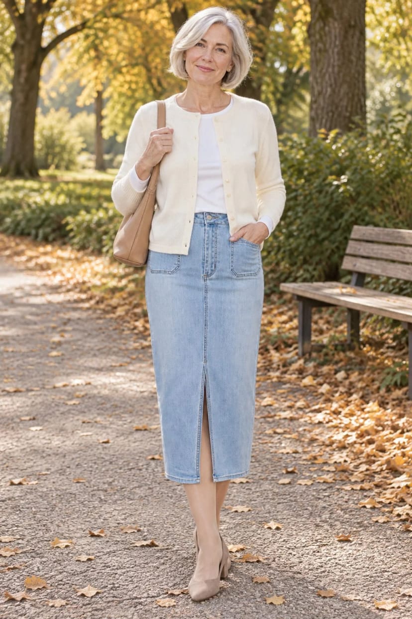 Frau trägt Heller Denim mit weißer Strickjacke – Sonniger Oktobernachmittag im Park