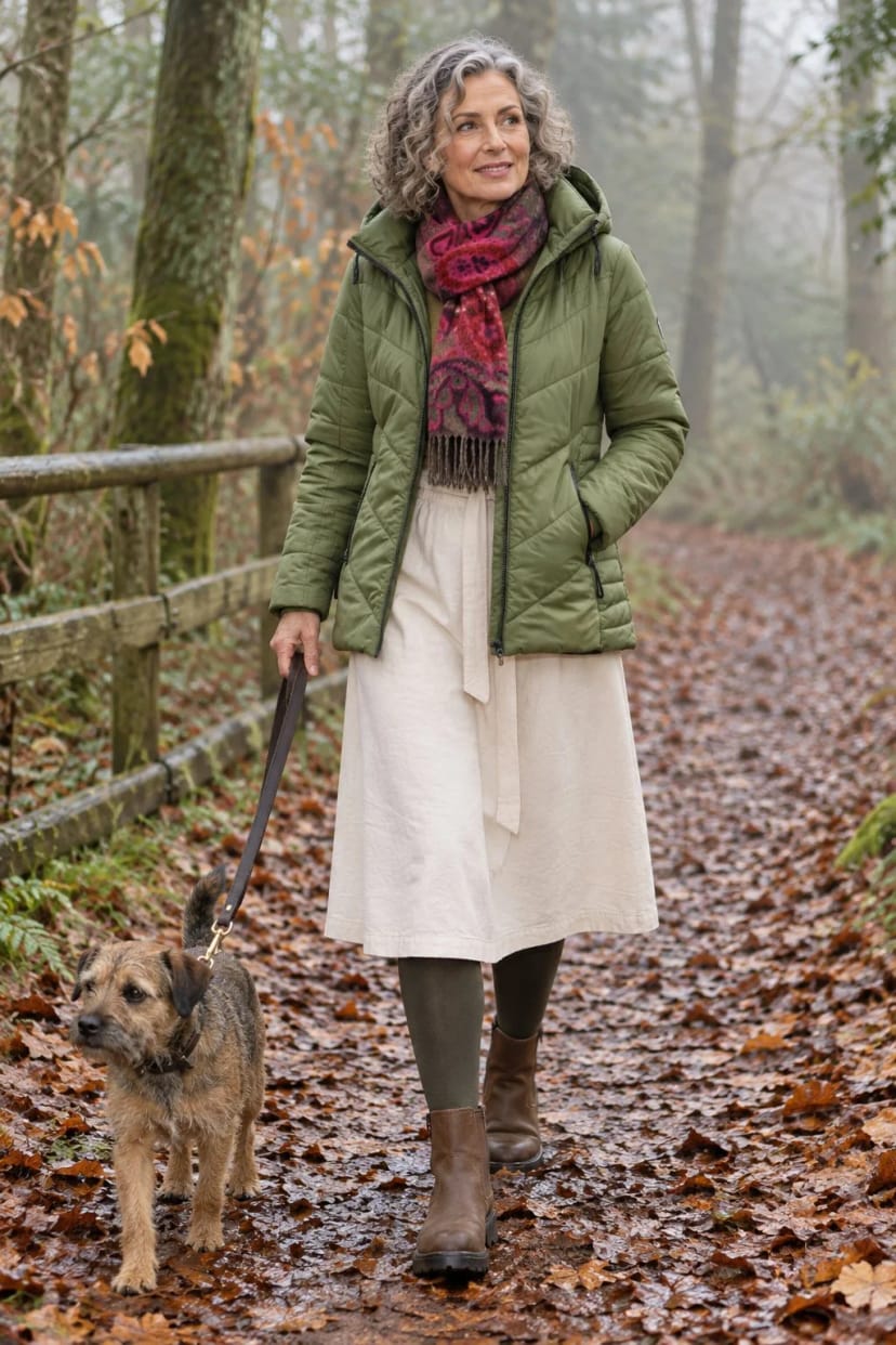 Frau trägt Heller Rock mit Khaki und Oliv – Nasser Waldweg mit dem Hund