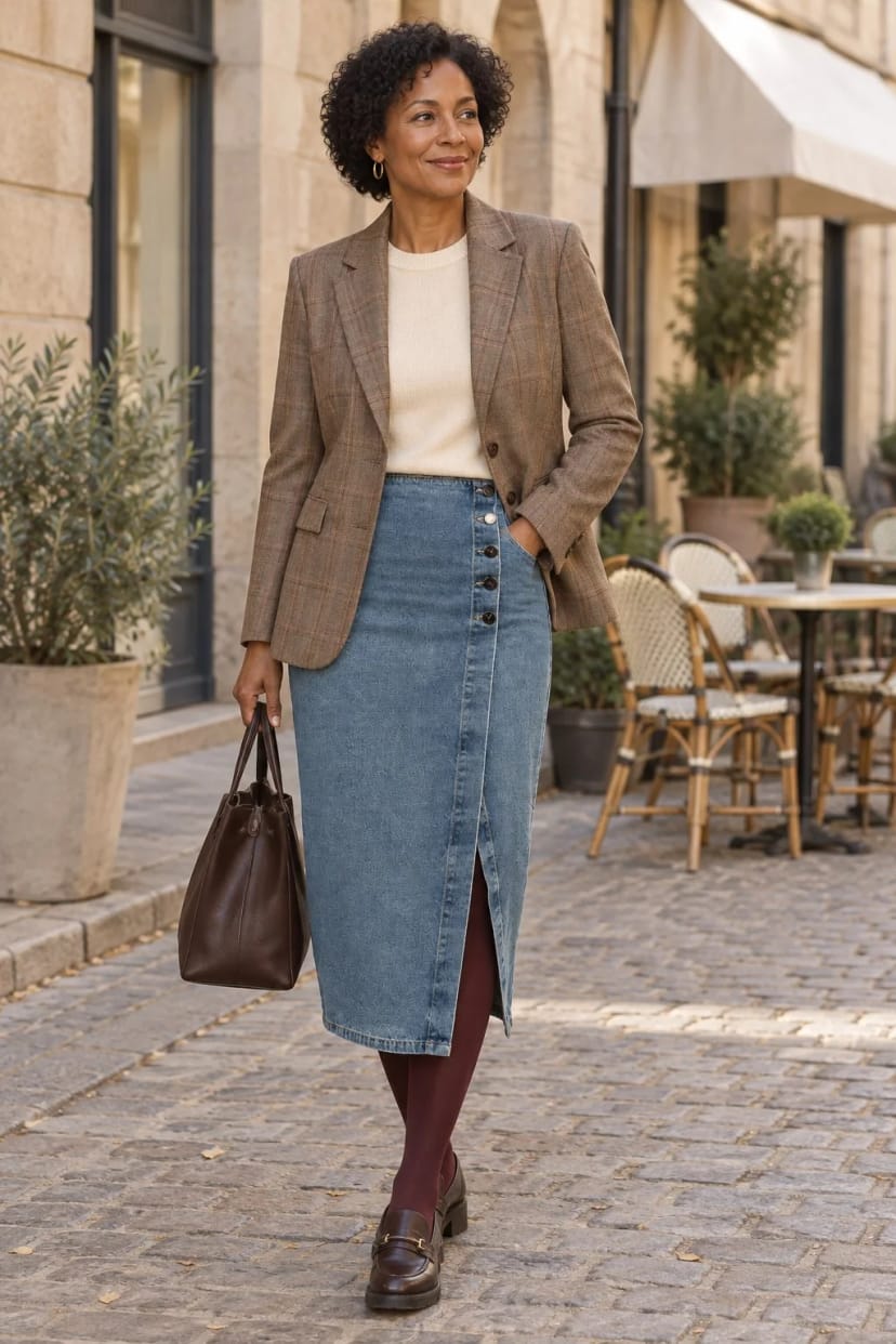 Frau trägt Jeansrock mit kariertem Blazer – Stadtbummel mit Café-Stopp