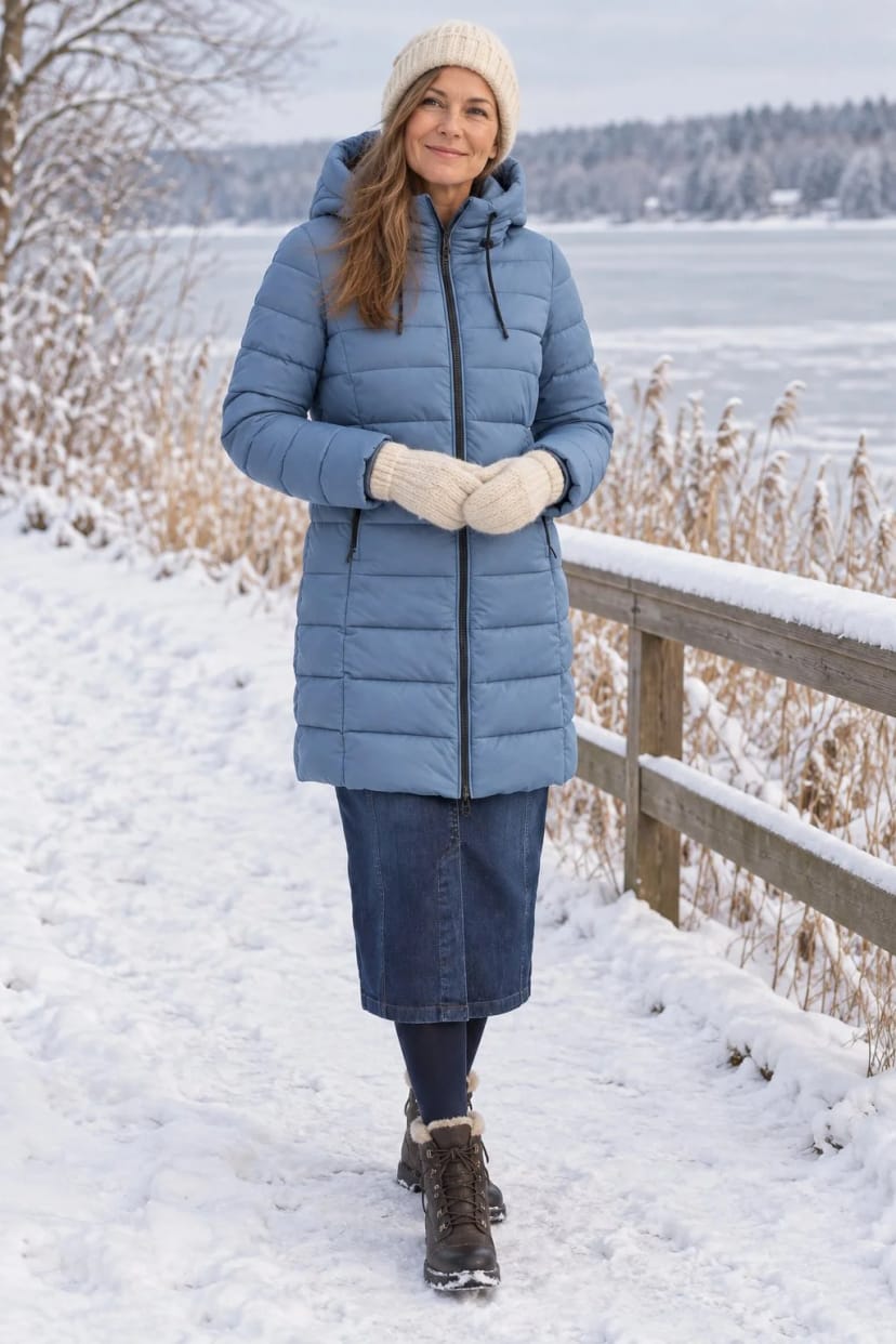Frau trägt Marine-Jeansrock mit Winterjacke in Taubenblau – Winterspaziergang am zugefrorenen See