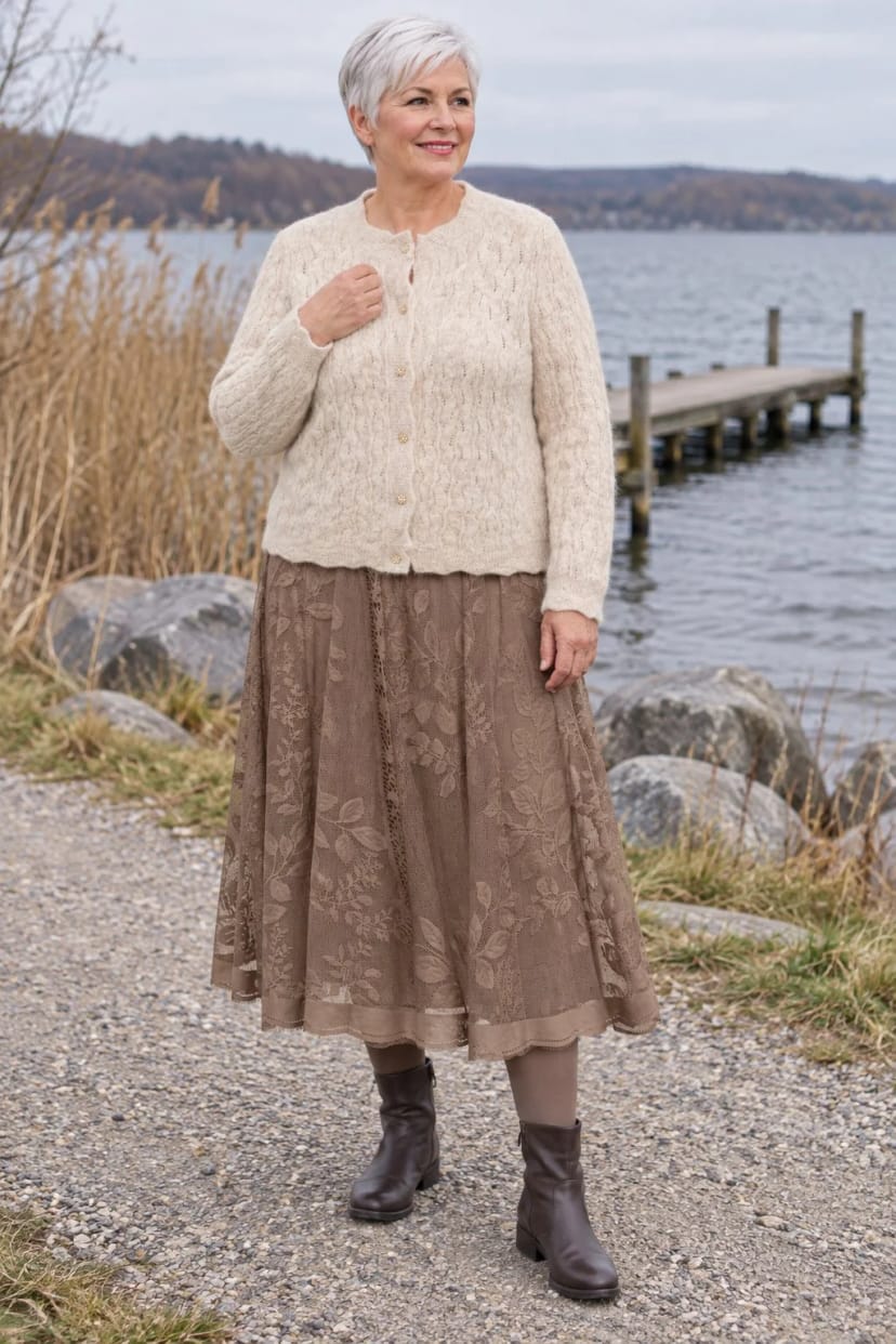 Frau trägt Taupe-Midirock mit Strickjacke in Hafer – Kühler Sonntag, Spaziergang und Kuchen
