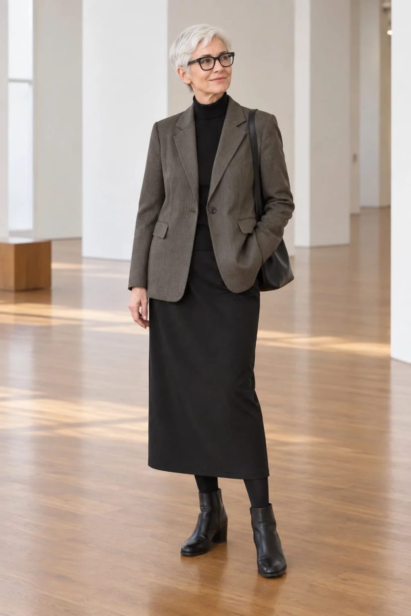 Frau trägt Fischgrat-Blazer mit schwarzem Midirock – Fischgrat zum Midirock