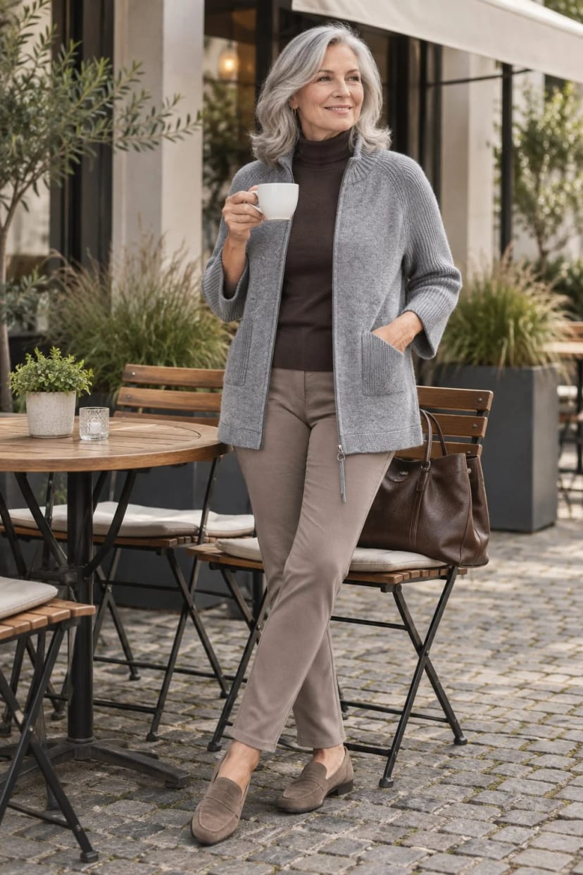 Frau trägt Graue Strickjacke zur taupefarbenen Hose – Grau trifft Braun