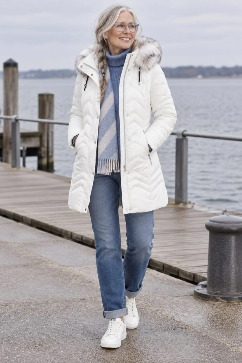 Frau trägt Heller Funktions-Kurzmantel zur lockeren Jeans – Naturweiß und Jeansblau