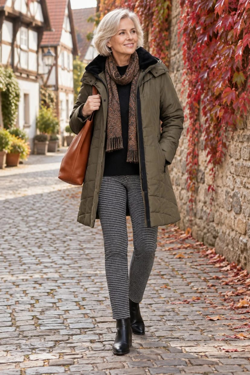 Frau trägt Lodengrüner Kurzmantel zur Hahnentritt-Hose – Loden und Hahnentritt
