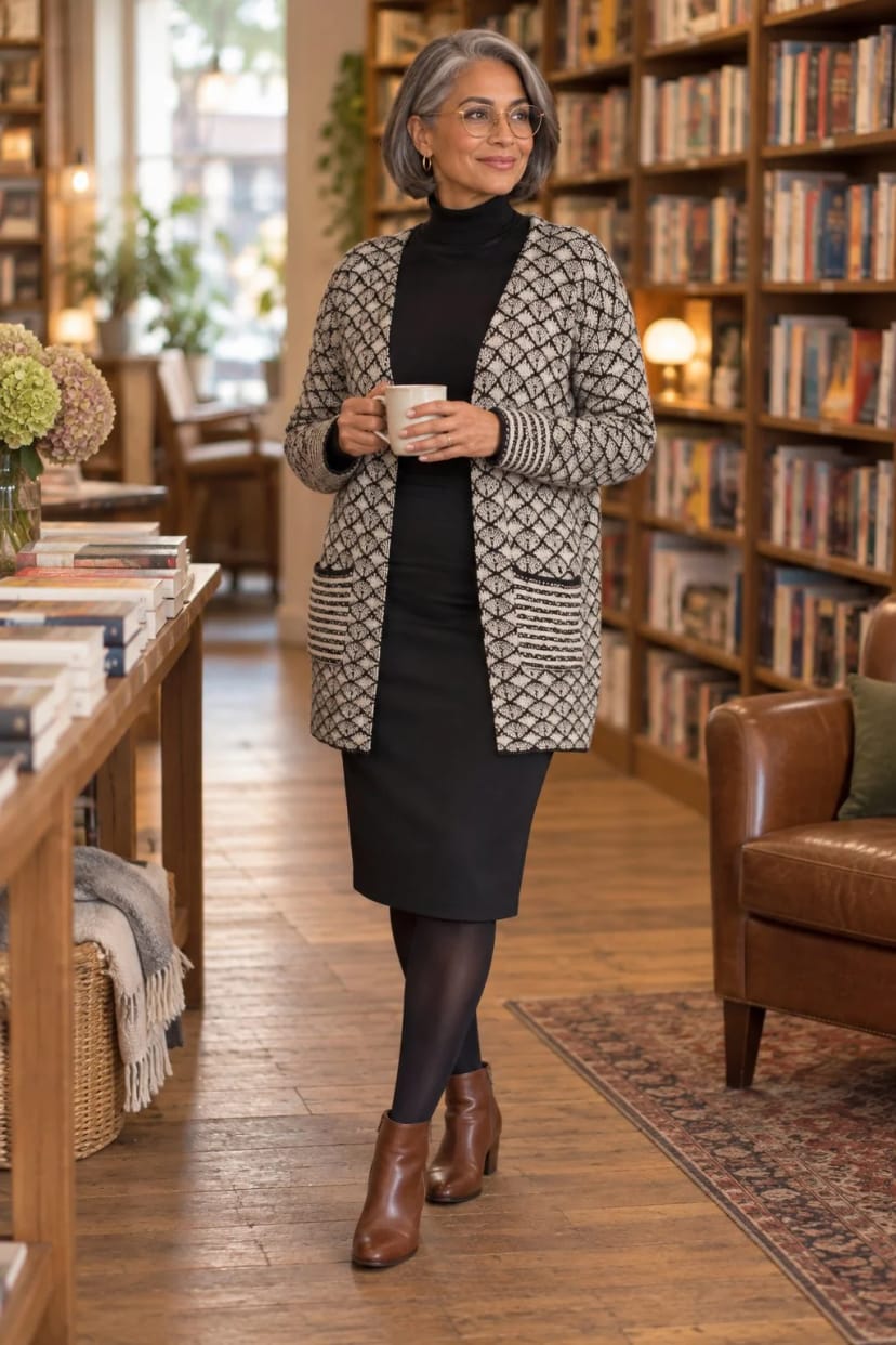 Frau trägt Oversized-Strickjacke in Caramel zum schwarzen Rock – Muster-Cardigan zum schmalen Rock