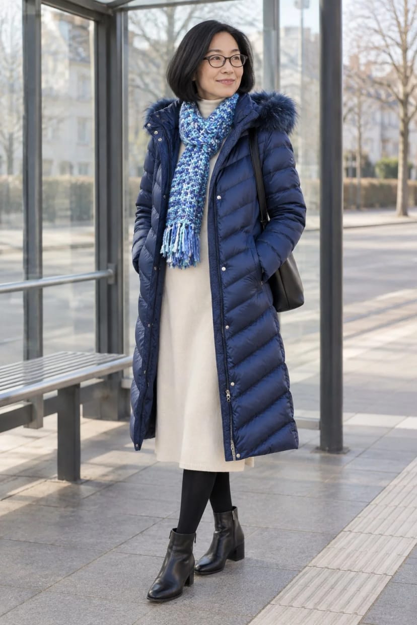Frau trägt Saphirblauer Daunenmantel zum grauen Strickkleid – Daune über Strickkleid