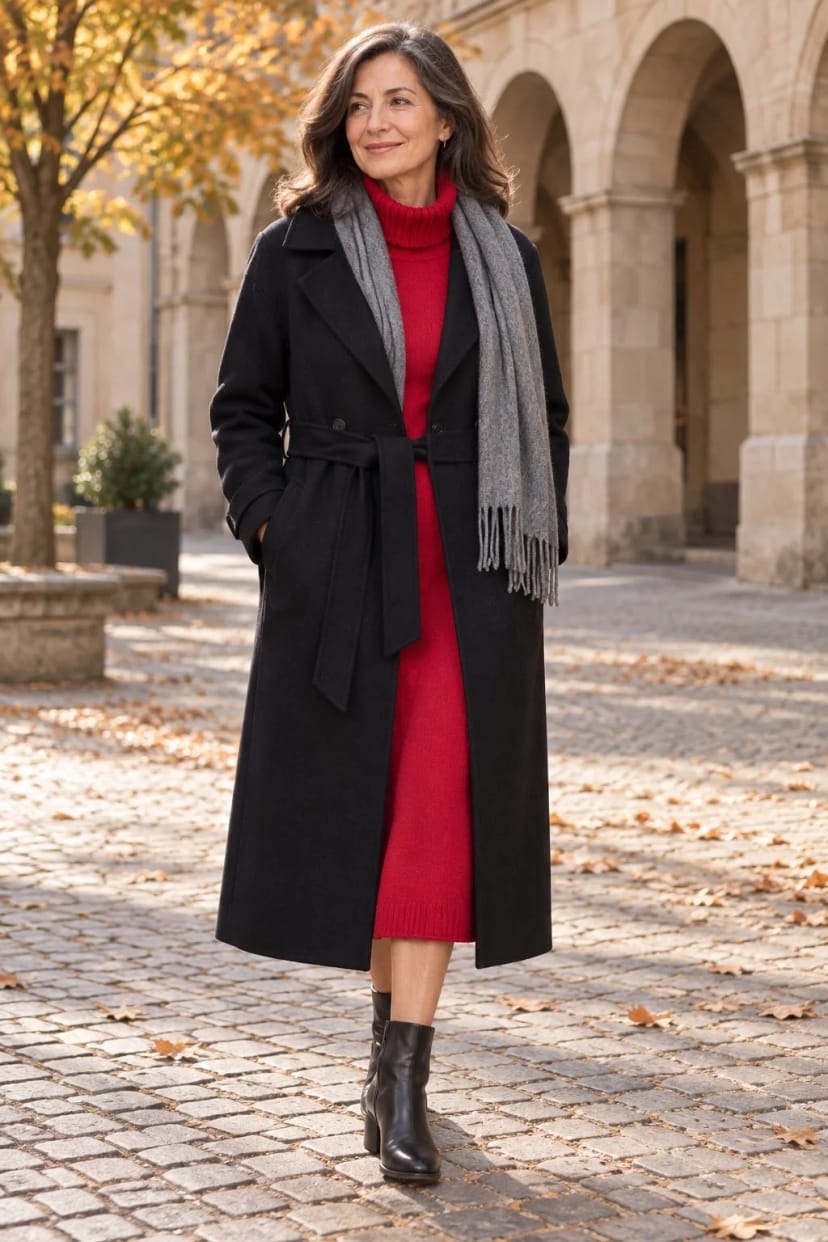Frau trägt Schwarzer Wollmantel über rotem Strickkleid – Schwarzer Mantel, rotes Strickkleid