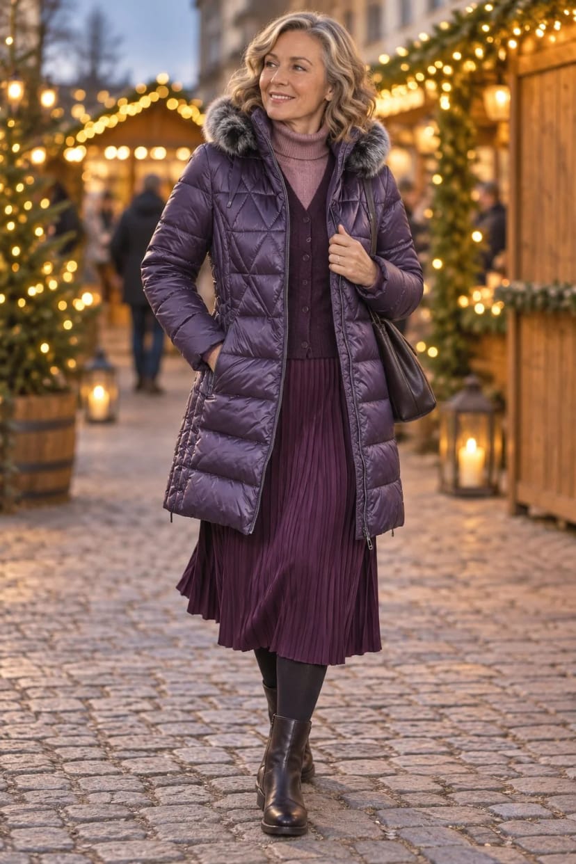 Frau trägt Aubergine-Kurzmantel zum beerenfarbenen Rock – Weihnachtsmarkt am frühen Abend