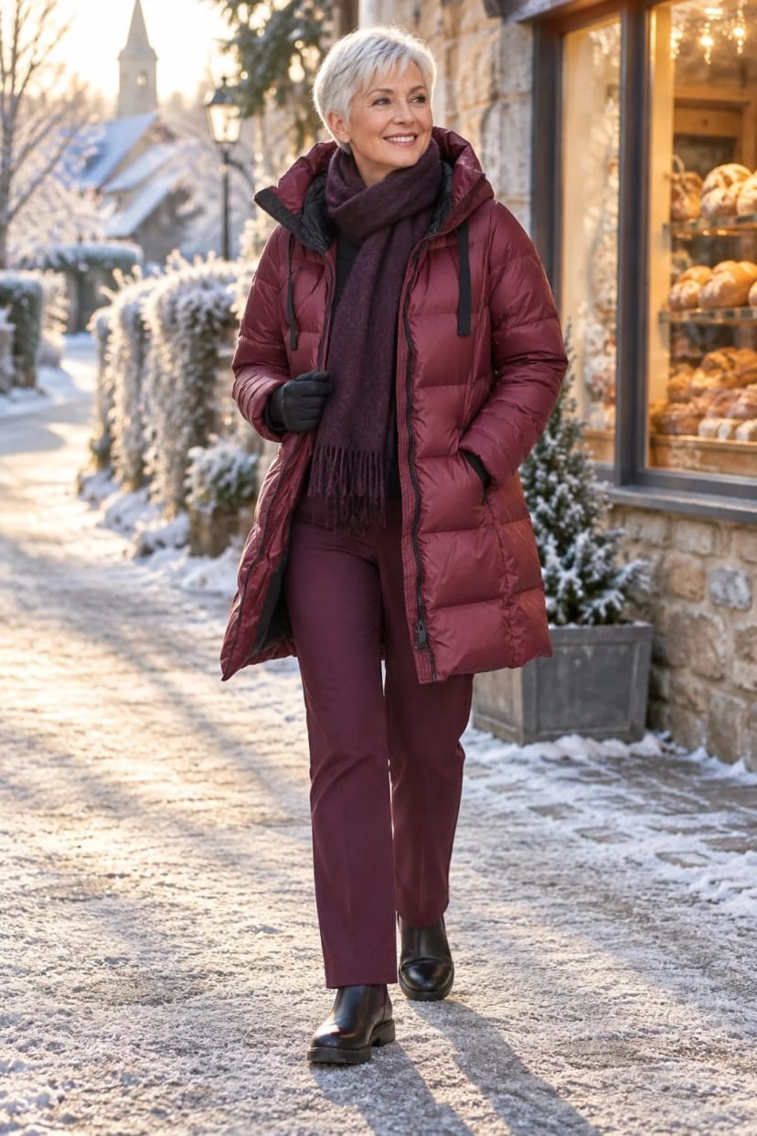 Frau trägt Beerenfarbener Daunenmantel zur Bordeaux-Hose – Frostiger Morgen, Weg zum Bäcker