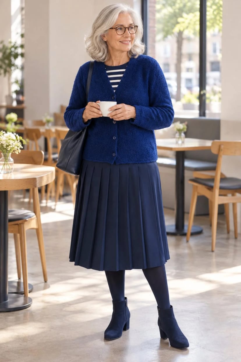 Frau trägt Bouclé-Strickjacke zum marineblauen Faltenrock – Kaffee mit der Freundin