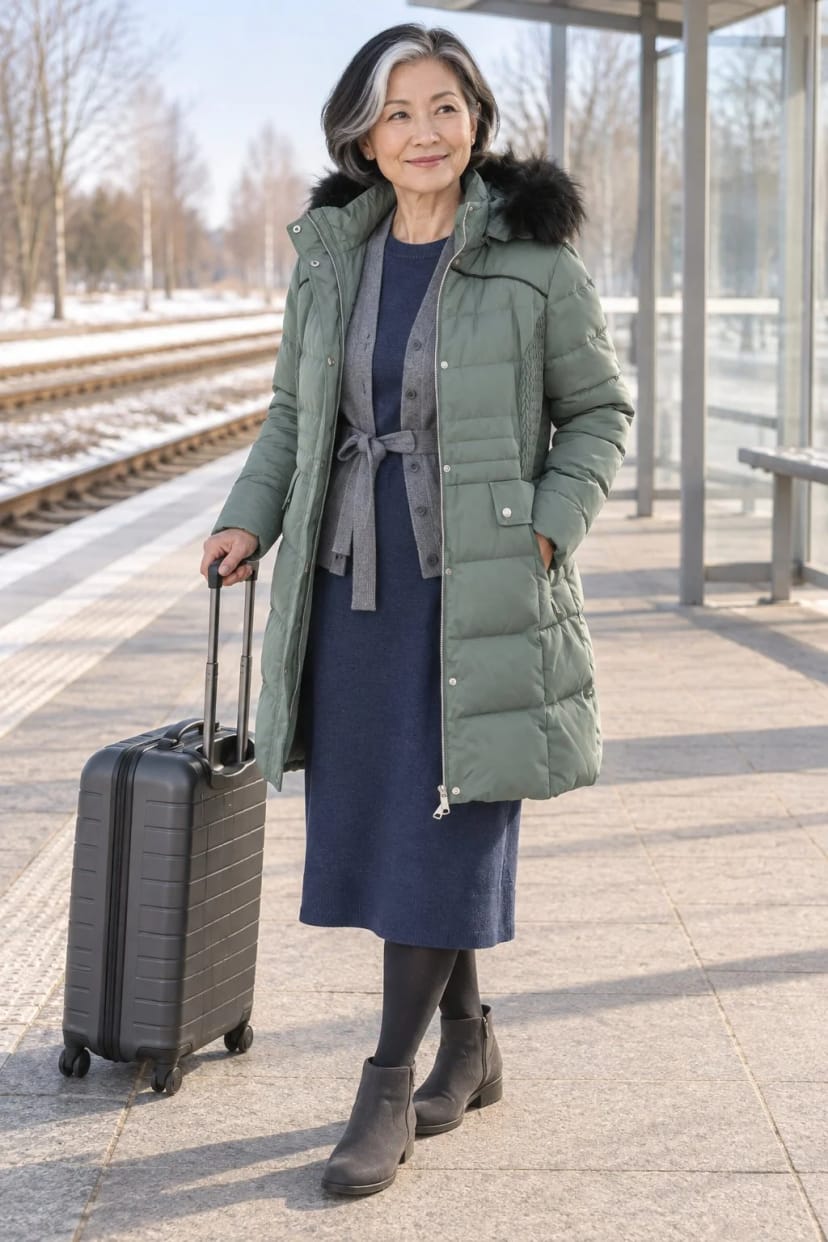 Frau trägt Flaschengrüner Kurzmantel zum grauen Midikleid – Bahnfahrt zum Wochenendbesuch