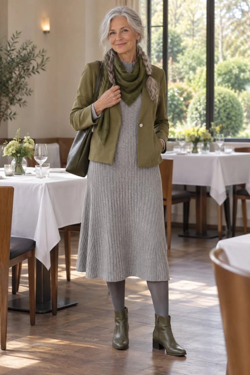 Frau trägt Graues Strickkleid mit olivfarbenem Blusenblazer – Mittagessen im Restaurant