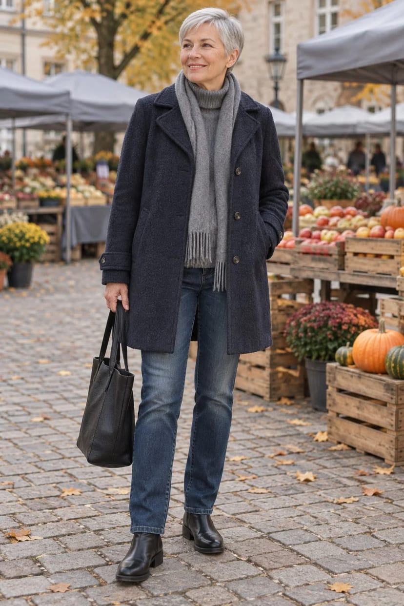 Frau trägt Navy-Mantel zur mittelblauen Jeans – Wochenmarkt am Samstagvormittag