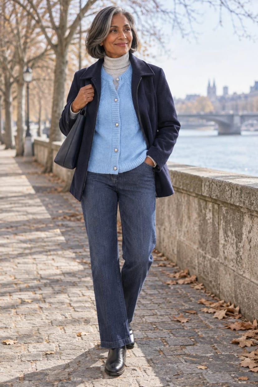 Frau trägt Nebelblaue Strickjacke zur dunkelblauen Jeans – Spaziergang am Fluss