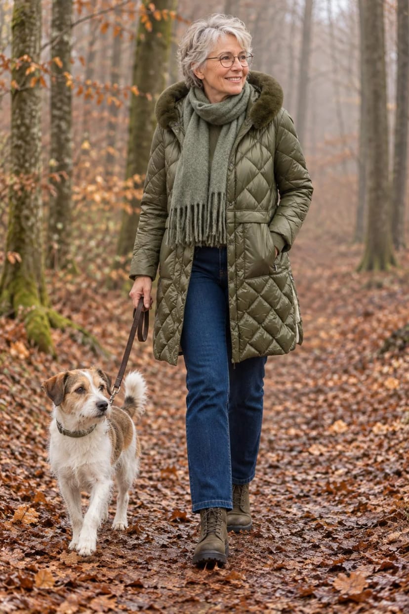 Frau trägt Olivfarbener Kurzmantel zur dunklen Jeans – Waldrunde mit dem Hund