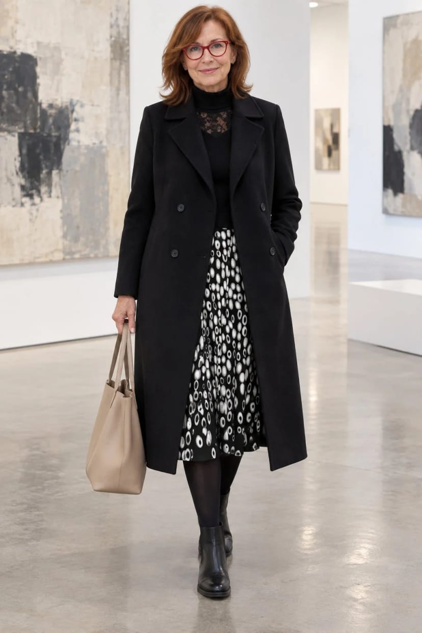 Frau trägt Schwarzer Wollmantel zum schwarz-ecru Musterrock – Vernissage in der Stadt