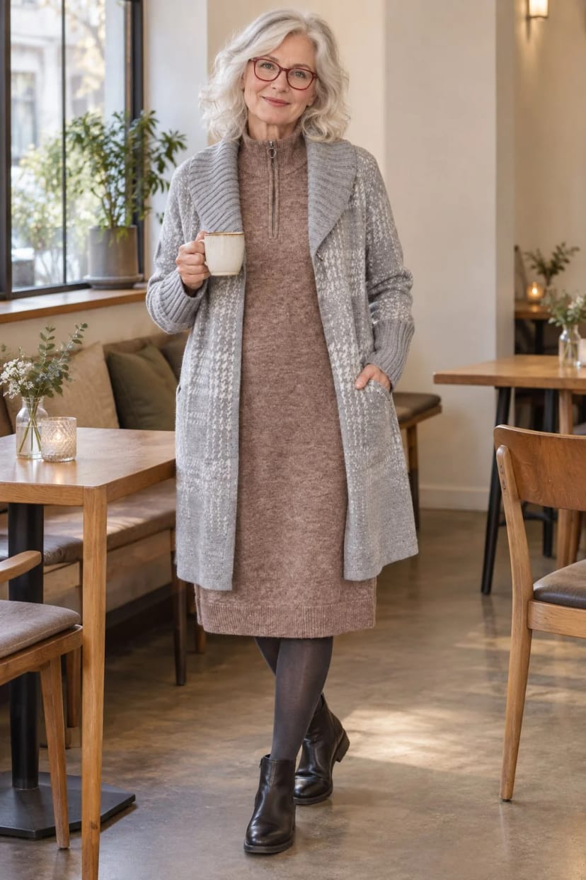 Frau trägt Midikleid mit langer Strickjacke – Kaffee und Kuchen mit der Freundin