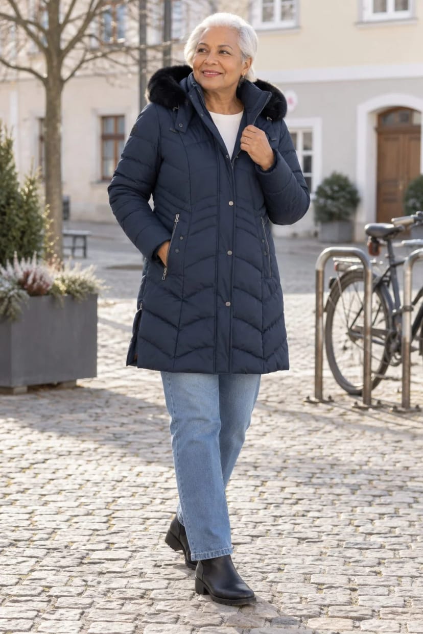 Frau trägt Saphirblauer Kurzmantel zur hellen Jeans – Erledigungen zwischen Post, Apotheke und Supermarkt