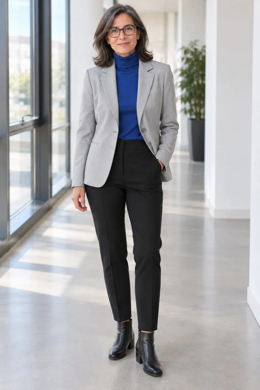 Frau trägt Steingrauer Wollblazer zur schwarzen Stoffhose – Ein normaler Bürotag mit Besprechung