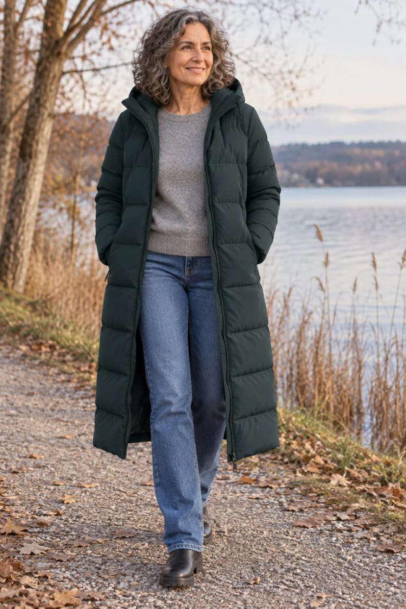 Frau trägt Steppmantel in Petrol zur geraden Jeans – Langer Spaziergang am See oder im Wald