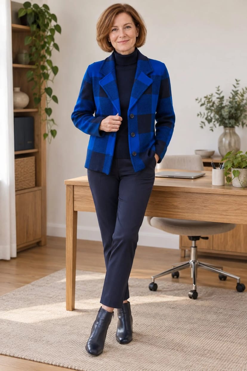 Frau trägt Strickblazer in Blau zur dunkelblauen Hose – Lockerer Bürotag oder Homeoffice mit Videocall