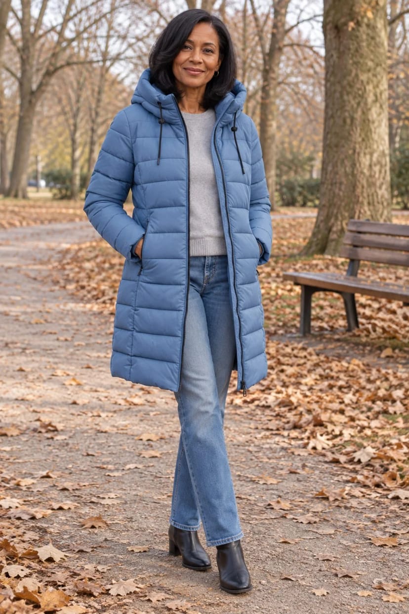 Frau trägt Winterjacke in Dusty Blue zur blauen Jeans – Sonntagsrunde durch den Park