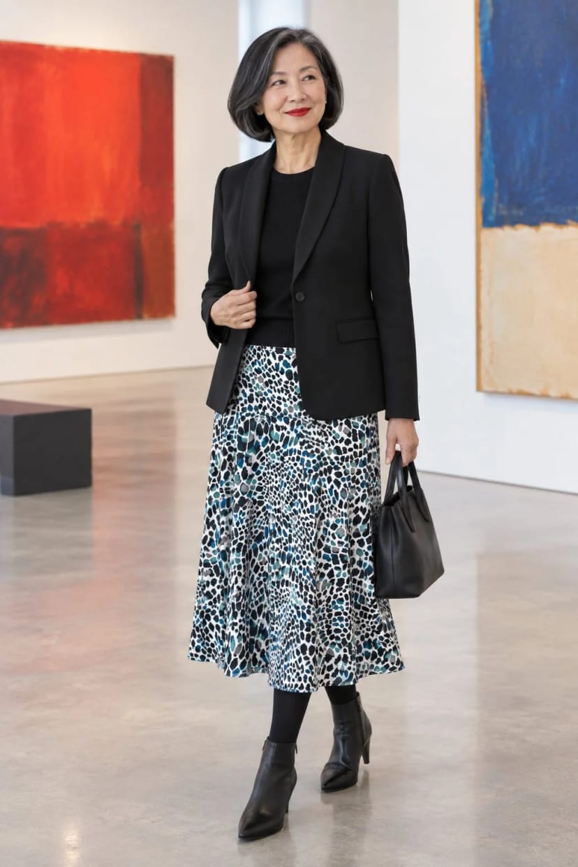 Frau trägt Farbdruck mit Schwarz eingerahmt – Vernissage in der Galerie