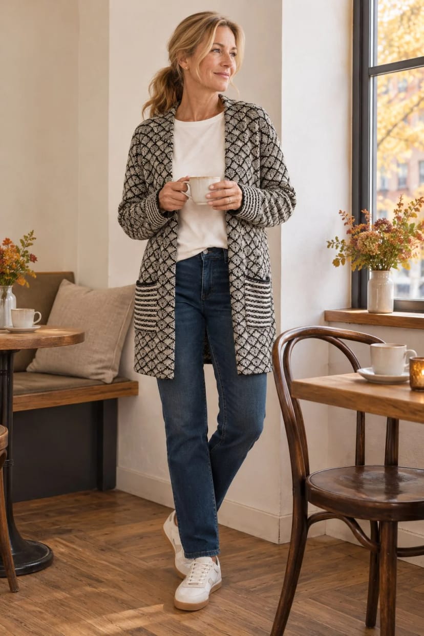 Frau trägt Caramel-Cardigan mit gerader Jeans – Café mit Freundinnen am Samstag