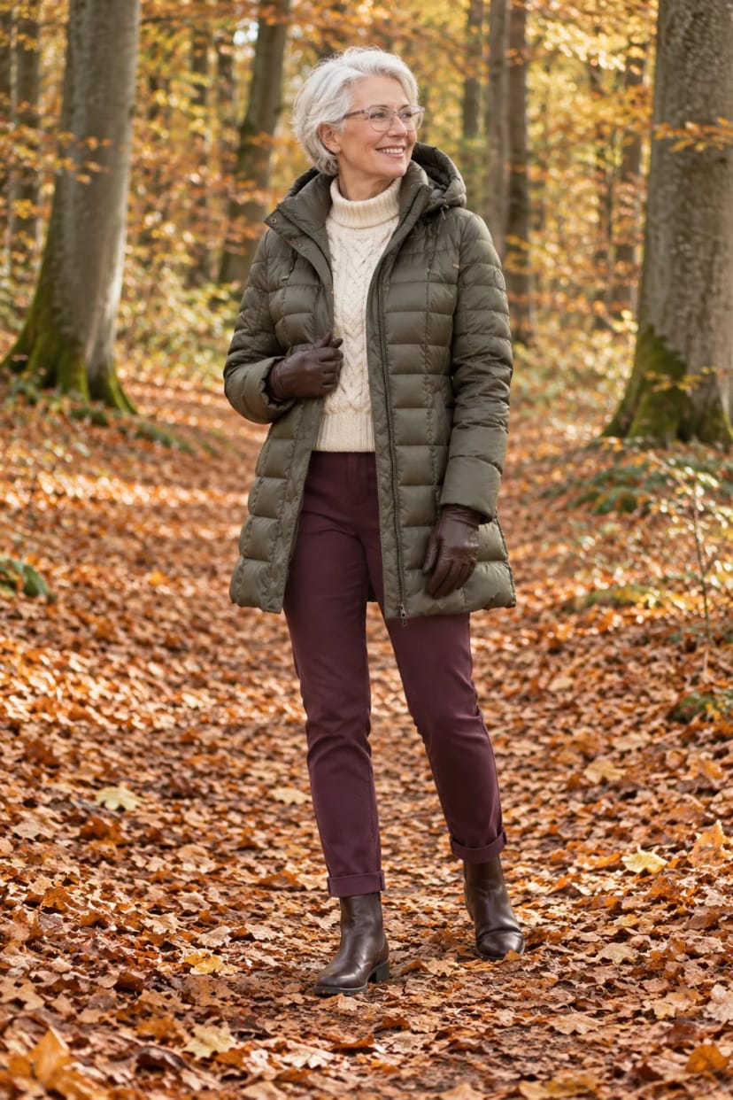 Frau trägt Lodengrüner Daunenmantel mit bordeauxfarbener Chino – Waldspaziergang am Sonntag