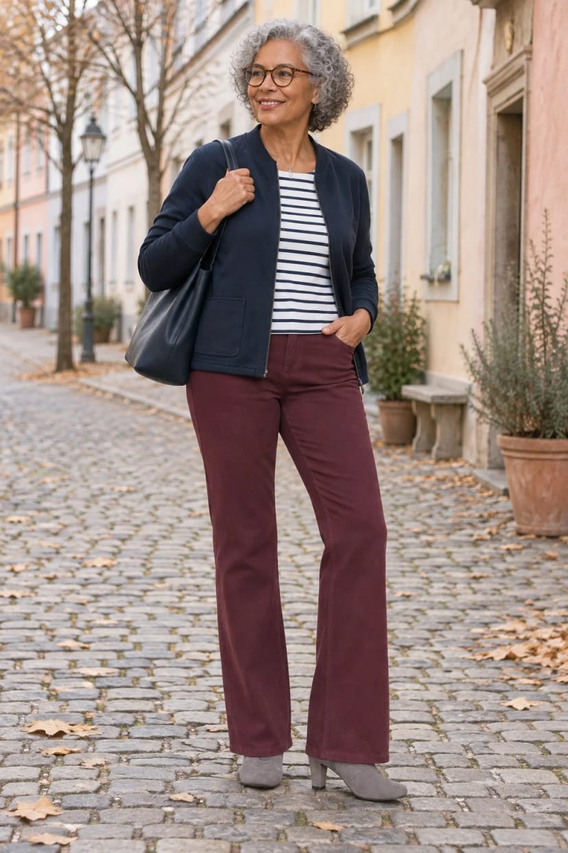 Frau trägt Nachtblaue Strickjacke mit bordeauxfarbener Jeans – Samstagsbummel durch die Altstadt