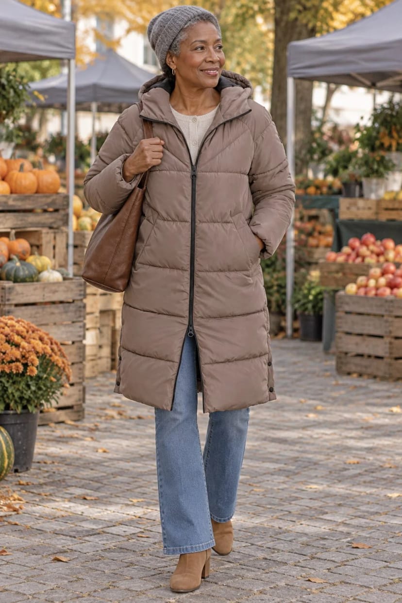 Frau trägt Puffermantel in Walnut mit ausgestellter Jeans – Bummel über den Herbstmarkt