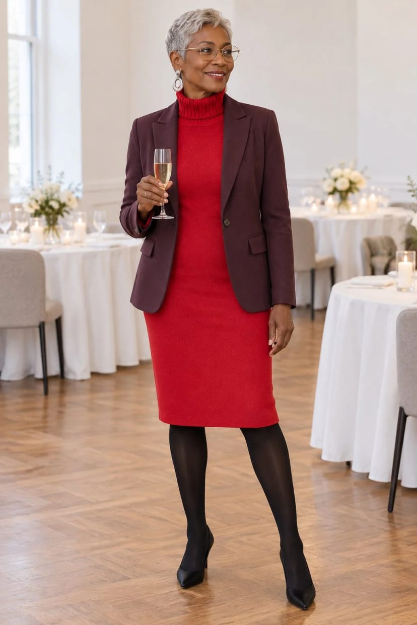 Frau trägt Rotes Strickkleid mit Portwein-Blazer – Anstoßen mit den Gästen im Festsaal