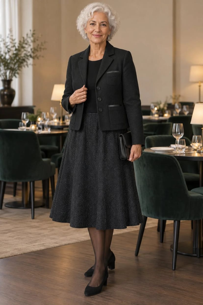 Frau trägt Silbriger A-Linien-Rock mit Kurzblazer – Dinner mit der Familie im Hotelrestaurant