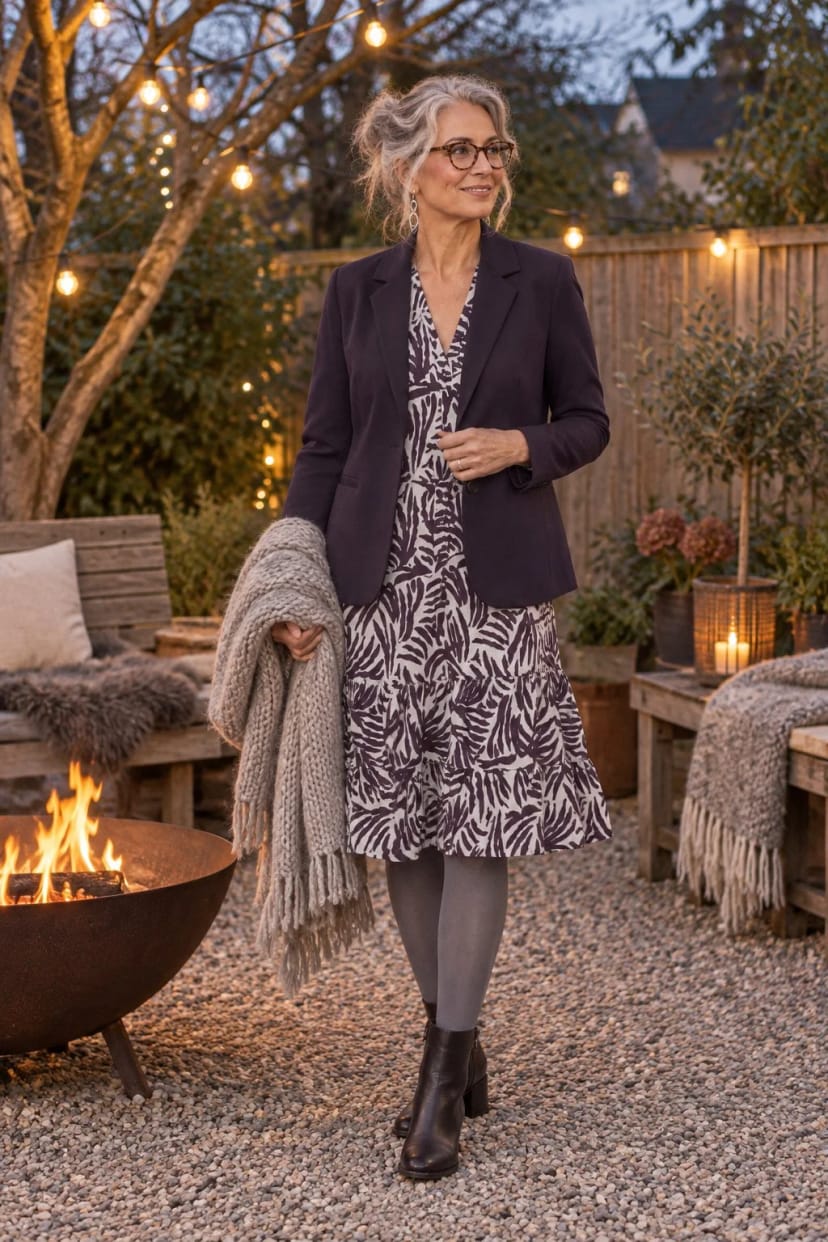 Frau trägt Stufenkleid mit lila Blusenblazer – Gartenparty an der Feuerschale