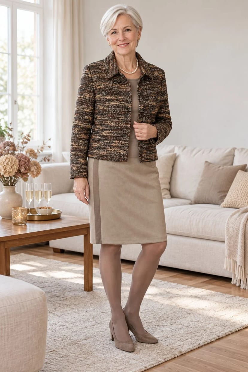 Frau trägt Wildleder-Optik mit Tweed – Sektempfang im eigenen Wohnzimmer