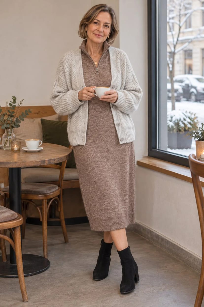 Frau trägt Midikleid mit Grobstrick – Kino und Kaffee mit der Freundin