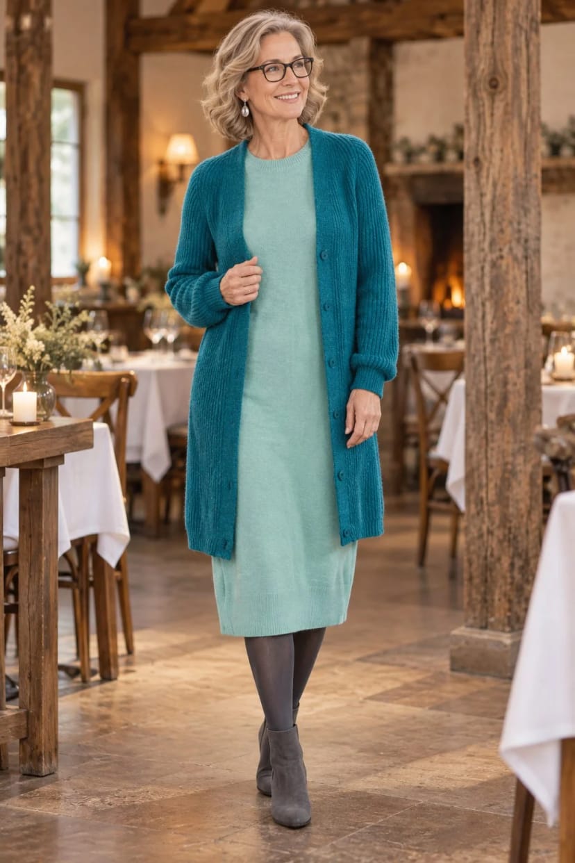 Frau trägt Midikleid mit langer Strickjacke – Festtagsmenü im Restaurant