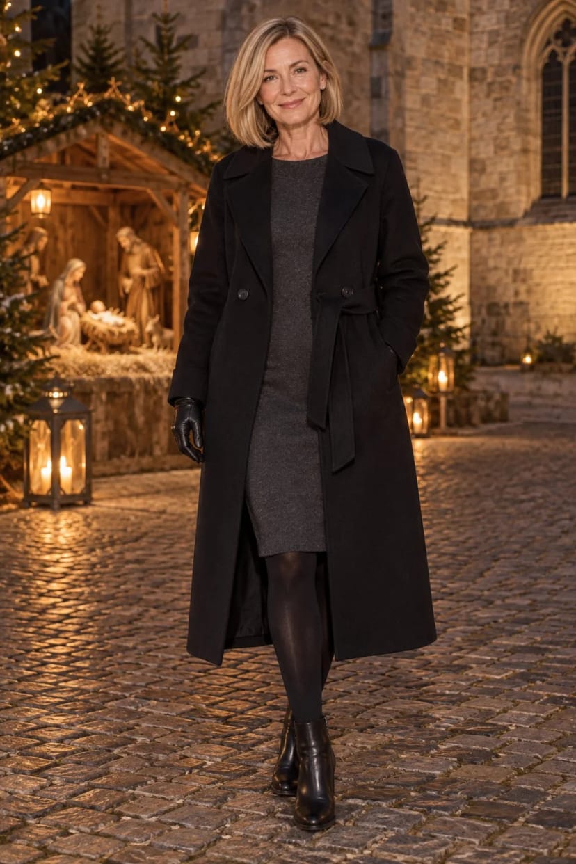 Frau trägt Schwarzer Mantel, graues Strickkleid – Christmette am späten Abend