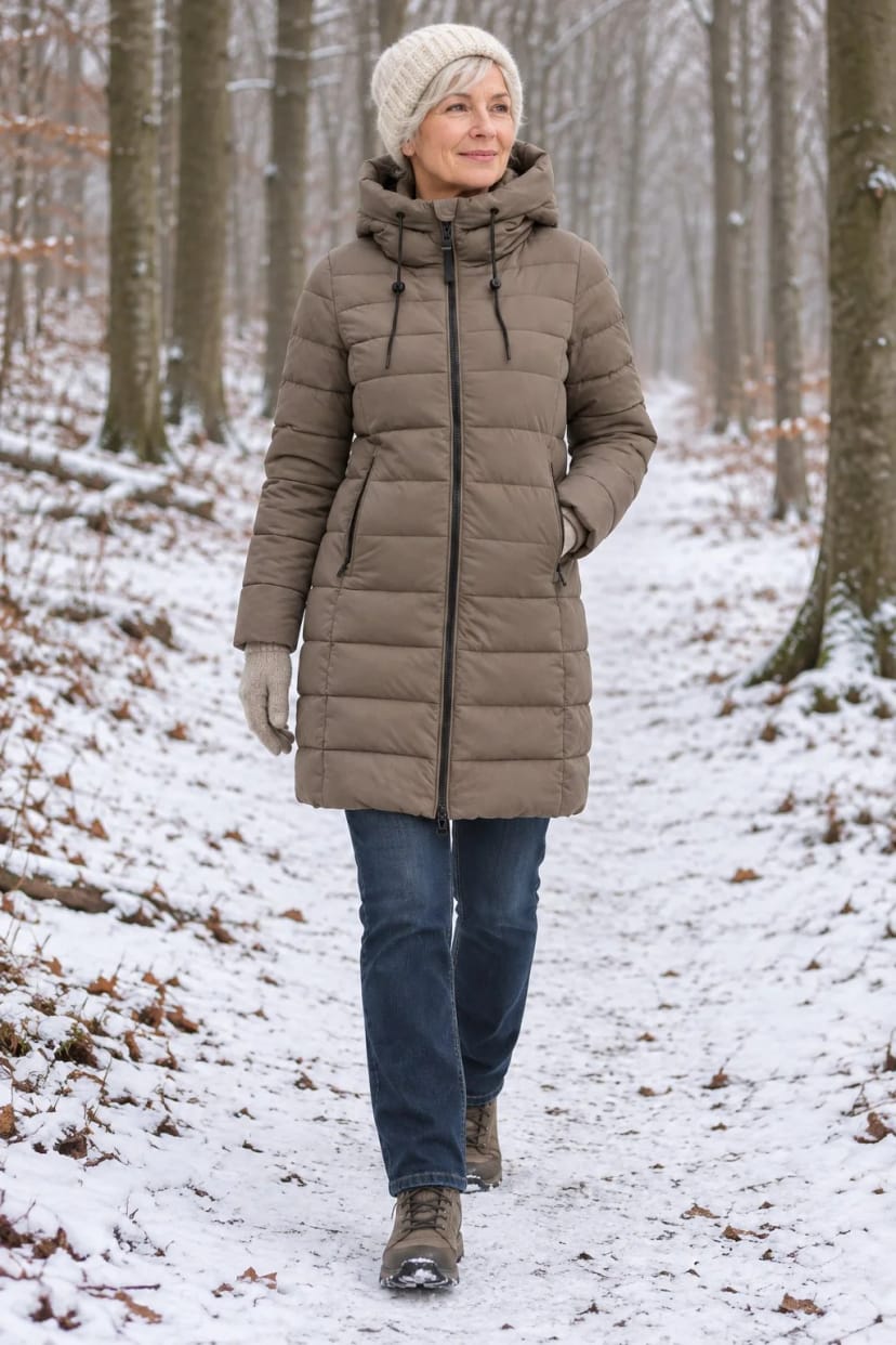 Frau trägt Steppjacke, Norweger, Jeans – Waldrunde am zweiten Feiertag