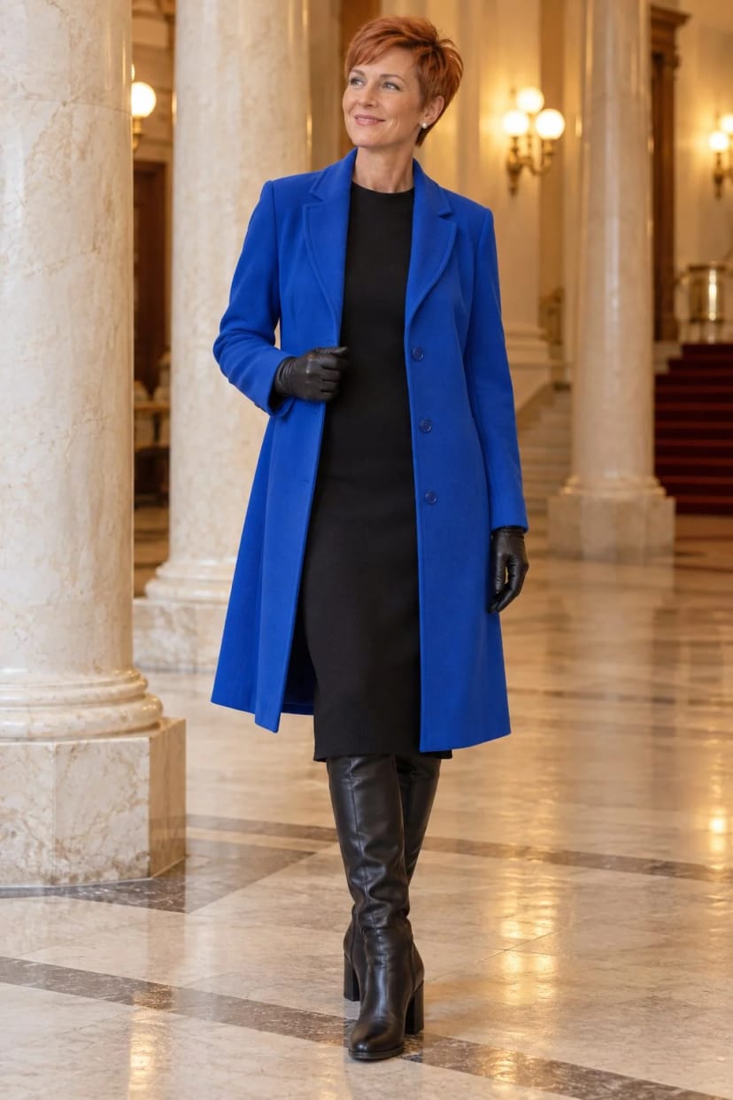Frau trägt Royalblau über Schwarz – Konzertabend im Winter