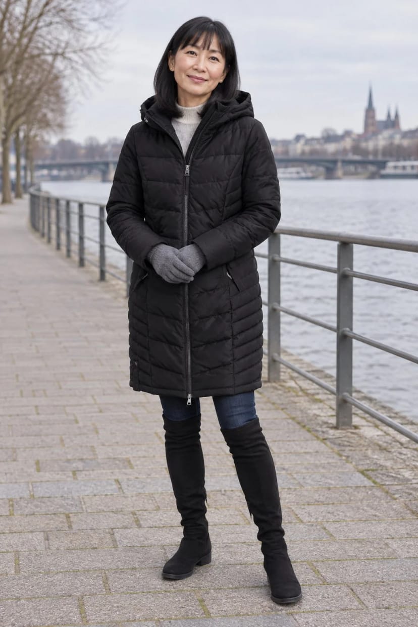 Frau trägt Steppmantel, Jeans, Rucksack – Ausflug mit den Enkeln