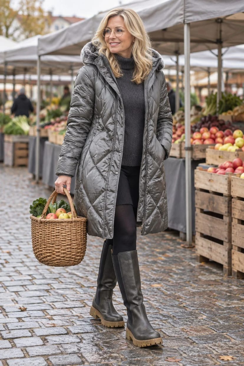 Frau trägt Titan, Bronze und ein Hauch Salbei – Wochenmarkt am Vormittag