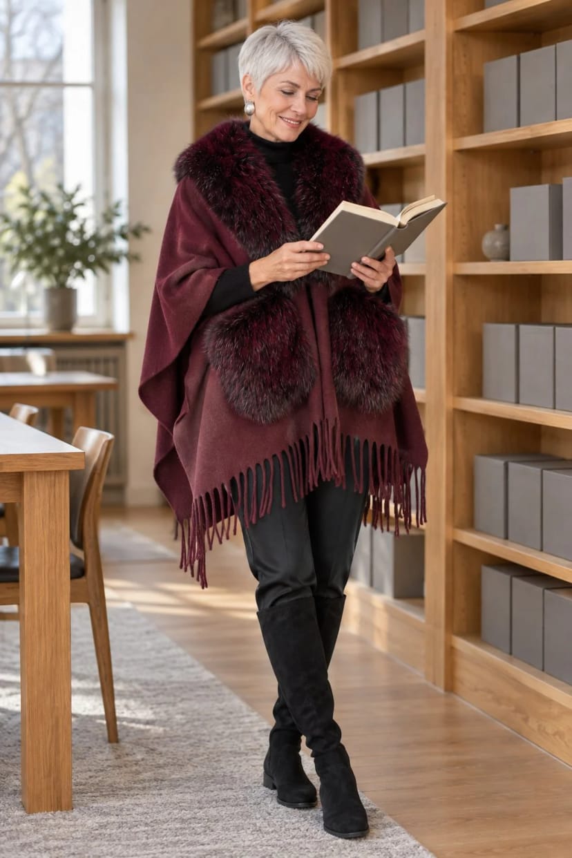 Frau trägt Weinroter Poncho, schwarze Basis – Lesung in der Stadtbibliothek