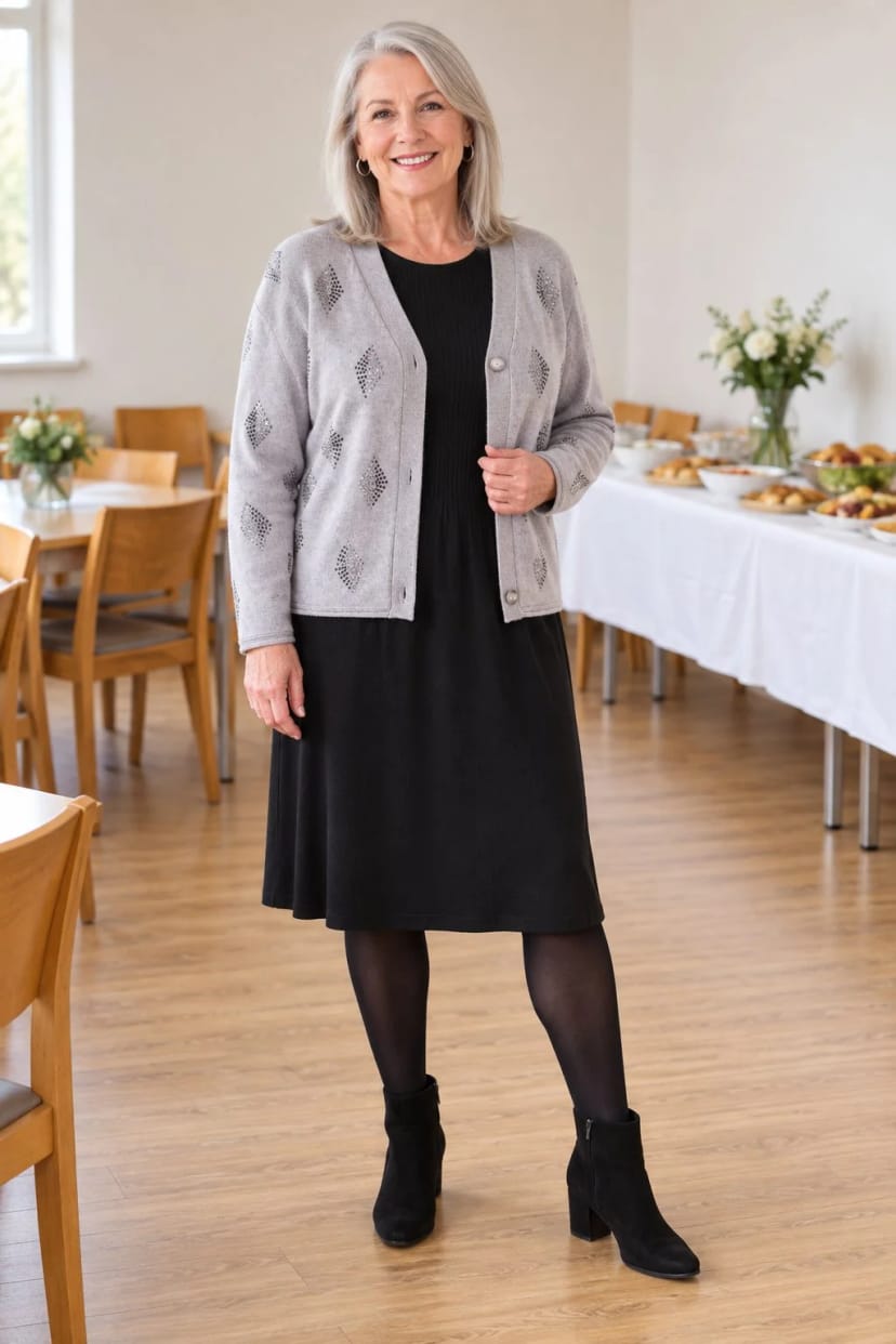 Frau trägt Silbergrau über Schwarz – Jahresabschluss im Chor mit Buffet