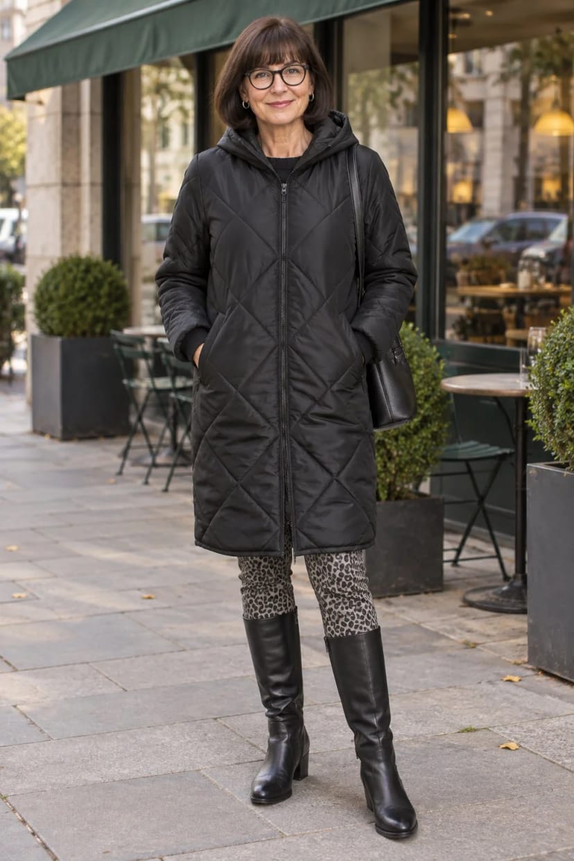 Frau trägt Animal-Hose im Stiefelschaft – Shoppingbummel in der Innenstadt