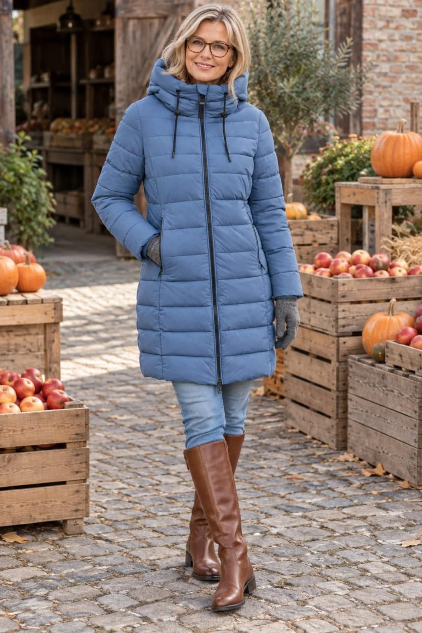 Frau trägt Dusty Blue mit Cognac – Ausflug zum Hofladen