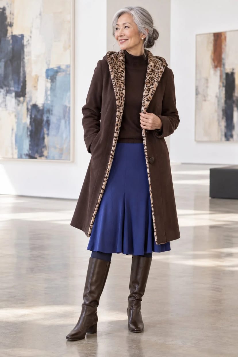 Frau trägt Schokobraun mit Royalblau – Ausstellungsbesuch am Samstag