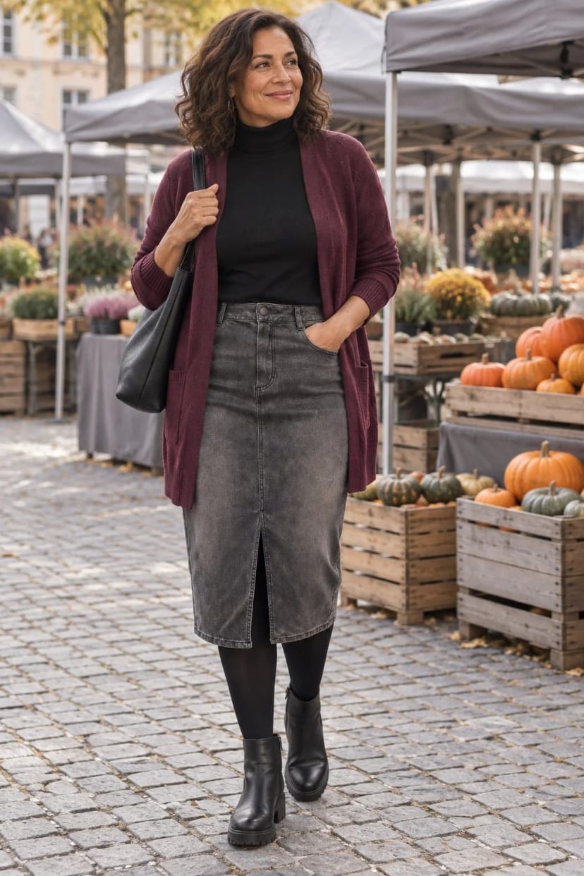 Frau trägt Grauer Jeansrock mit Grobstrick-Cardigan in Rostrot – Bummel über den Wochenmarkt